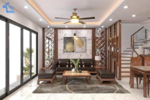 Top 5 mẫu vách trang trí cầu thang ấn tượng nhất 2024 1 Noi that nha pho Chi Phuong Gia Lam phong khach 2